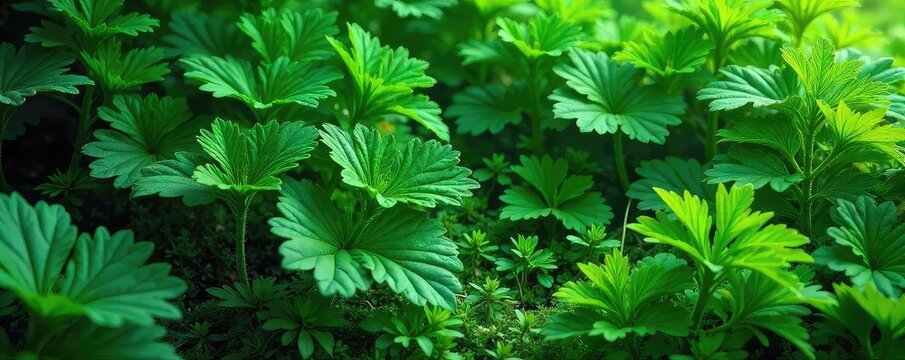 Fototapeta Layers of lush green flora, vibrant textures and colors, creating a dense, layered effect of plant life  Perfect for nature, botany, or environmental themes ,  rich,  nature