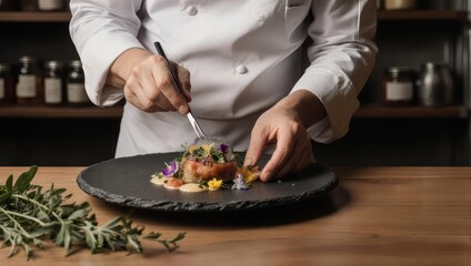 Chef meticulously plates gourmet dish with precision and care for presentation.