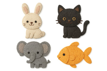 Fototapeta premium Cute felt animals, bunny, black cat, elephant, and goldfish, craft project for children, transparent background
