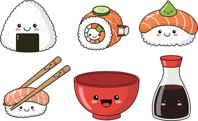Cute Kawaii Sushi and Japanese Food Characters Set with Rice Roll Bowl Chopsticks and Soy Sauce Vector Illustration © Sumon Creative