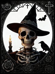 Lace-Trimmed Witch Skull: Gothic Art with Candle, Crow & Bat