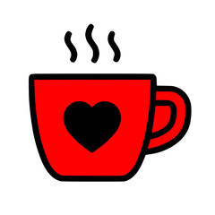 Simple black outline coffee mug cup red heart, steam, isolated white background