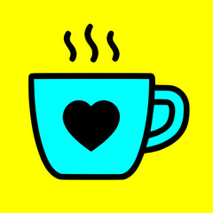 Simple black outline teal coffee mug cup heart, steam, isolated yellow background