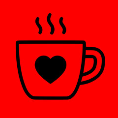 Simple black outline coffee mug cup heart, steam, isolated red background