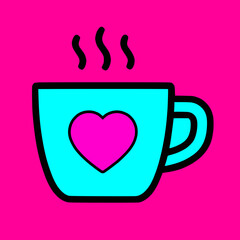 Simple black outline teal coffee mug cup purple heart, steam, isolated pink background
