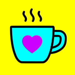 Simple black outline teal coffee mug cup purple heart, steam, isolated yellow background