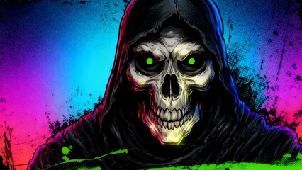 Neon Reaper: Glowing Skull in Hooded Cloak Artwork