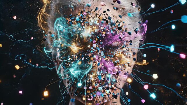 Digital Art Installation of Womans Face Transformed into Kaleidoscope of Color with Confetti, Glitter, and Lights Wrapping Around Skin in 4K UHD Surreal Concept Visual Effects Background Perfect.