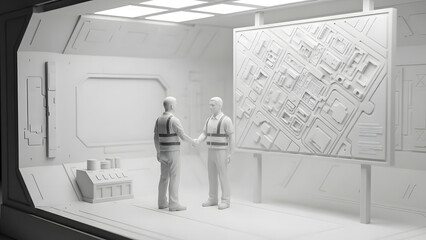 Two figures in a stark, futuristic environment analyze a detailed map, possibly planning a mission or project. The minimalist design evokes a sense of focus and the collaborative spirit.