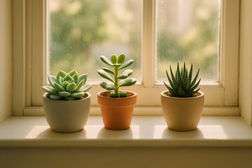 Succulent trio on windowsill