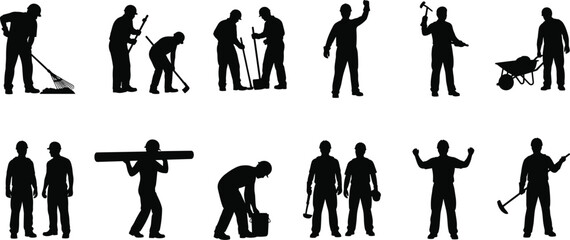 Construction worker silhouettes, manual labor activities, industrial workforce icons, builders at work, repair and maintenance jobs, engineering teamwork, black silhouette set, isolated on white 