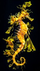 A vividly lit, detailed view of a seahorse, showcasing its intricate, golden-yellow and  green-yellow  body adorned with seaweed-like protrusions
