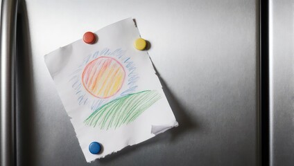 Childs Drawing on Refrigerator Door with Magnets.
