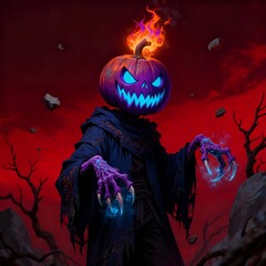 Crimson Hallow's Wraith: Pumpkin Lord with Flaming Jack-o'-Lantern Head