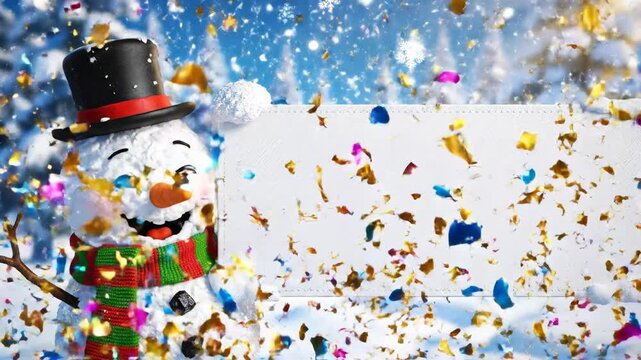 Cheerful snowman with top hat holding blank sign in snowy winter scene