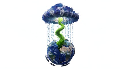 racked earth globe climate change concept on white background with evolving green plant rain water clouds and dramatic shadow symbolism environmental crisis sustainability high quality 4K