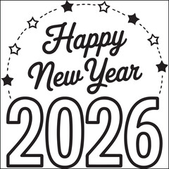 Obraz premium Line art illustration of Christmas Village for the New Year. The number 2026, a church, homes, and fireworks in a snowy winter background. PNG vector illustration and coloring page