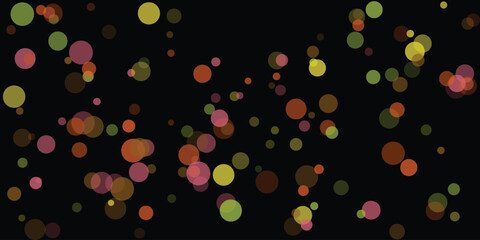 Colorful bokeh circle confetti background on black, soft glowing party lights