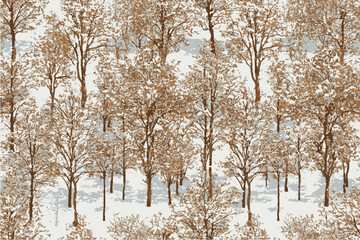 a seamless pattern of snow-covered tree branches and leaves, creating an impressionistic winter landscape with a palette of white, brown, gray, beige, and black hues.Texture military digital arctic sn