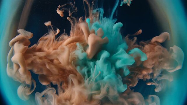 Abstract ink cloud explosion swirling liquid particles vibrant teal and copper metallic shimmer