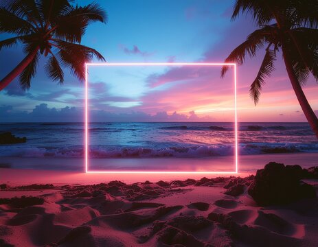 A serene beach scene at dusk with neon lights and palm trees silhouetted against a vibrant sky