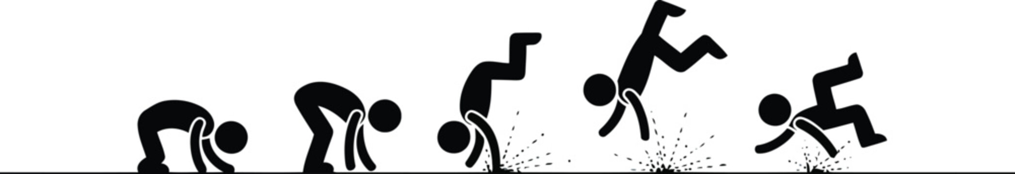 A sequential series of black stick figures demonstrating a person stumbling and falling onto the ground