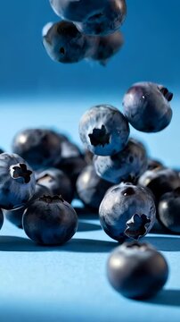 A Captivating Collection of Fresh Blueberries Dancing in Mid-Air Against a Vibrant Blue Background, Showcasing Their Juicy Texture and Lively Appearance