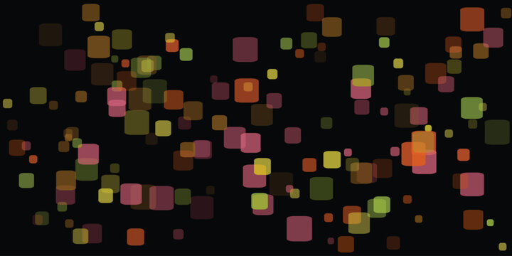 Colorful square confetti mosaic background on black, glowing pixel blocks pattern