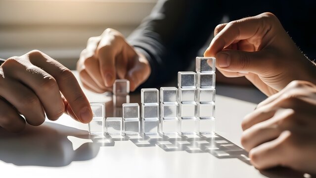 A conceptual business image of a diverse team building a rising bar chart using glass blocks, signifying growth and transparency. - Powered by Adobe