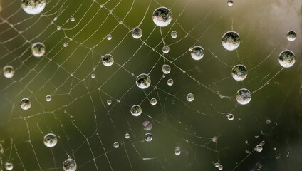 Close up of a spider web covered in dew drops on a green background.