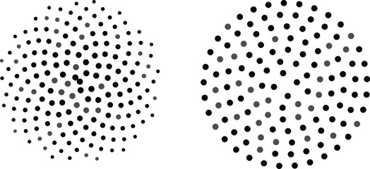 Halftone dot circle gradient set, black stipple dots isolated on white background