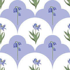 Vector seamless pattern with delicate spring flowers, blue blossoms and green leaves on a light decorative background. Perfect for textile, wrapping, stationery, wallpaper, and seasonal design.