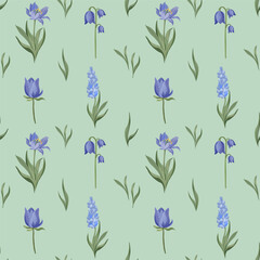 Vector seamless pattern with blue spring flowers and green leaves scattered on a soft mint background. Perfect for fabric, wallpaper, wrapping, stationery, packaging, and spring themed design.