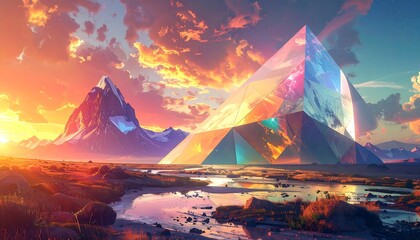 A vibrant digital landscape, a massive crystal pyramid sits amidst a serene mountain range at sunset.  Colorful reflections on a placid riverbed