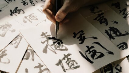 Close-up of a hand practicing traditional Japanese calligraphy with a brush and ink on paper.