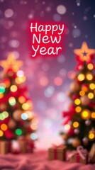 Festive wallpaper background with soft focus, hazy effects, and a neon 'Happy New Year' sign, with copy space
