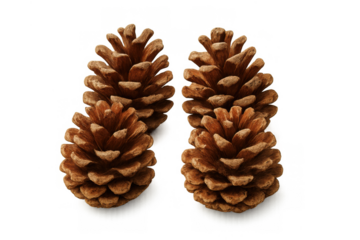 Four brown pine cones standing vertically, natural autumn forest elements for seasonal design, transparent background