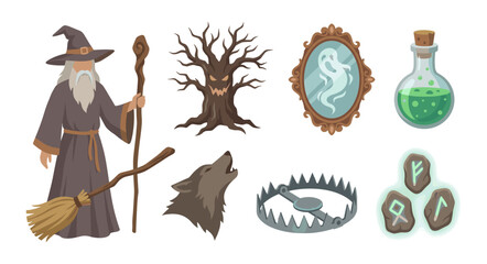 Wizard and magic items cartoon illustration set