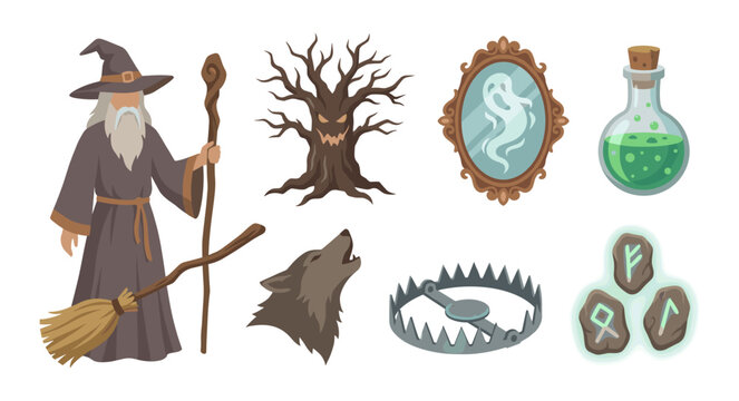 Wizard and magic items cartoon illustration set