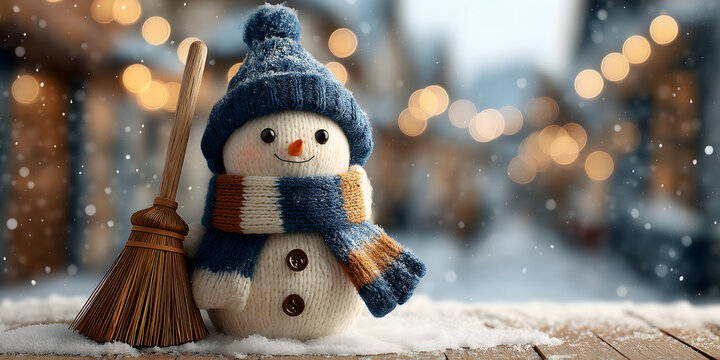 Freundlicher wei&szlig;er Weihnachts-Winterhintergrund mit l&auml;chelndem Schneemann, Schal, Hut und Besen, fallendem Schnee und unscharfem Bokeh &ndash; festliche Gru&szlig;karten-Szene mit viel Copy Space