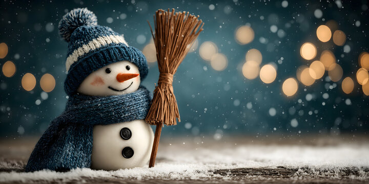 Freundlicher wei&szlig;er Weihnachts-Winterhintergrund mit l&auml;chelndem Schneemann, Schal, Hut und Besen, fallendem Schnee und unscharfem Bokeh &ndash; festliche Gru&szlig;karten-Szene mit viel Copy Space