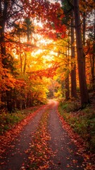 Obraz premium Autumnal path through a vibrant forest. Sunlight streams down a winding dirt road, lined with vibrant red, orange, and yellow leaves. A tranquil scene