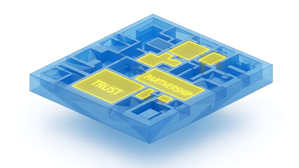 An architectural blueprint is presented, showcasing the concept of building a strong relationship through trust and partnership in a business context.