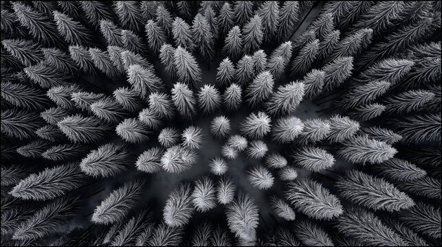 Top-down-Drohnenaufnahme von schneebedeckten Nadelb&auml;umen nach einem Wintersturm &ndash; winterliche Waldlandschaft aus der Vogelperspektive