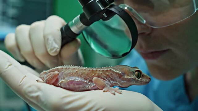Veterinarian meticulously examines the breathing of a tiny gecko using a magnifying glass in a medical setting