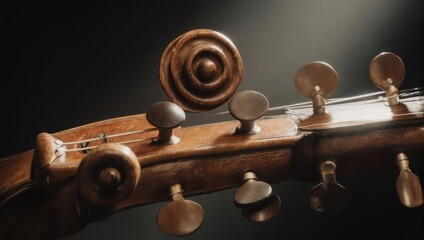 Close-up of a vintage wooden musical instrument with tuning pegs.