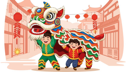 Fototapeta premium Boys With Lion Dancing, Traditional Celebration, China, Happy Chinese New Year