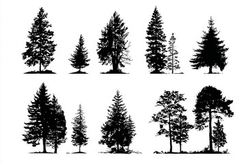 Collection of coniferous tree silhouettes on a white background