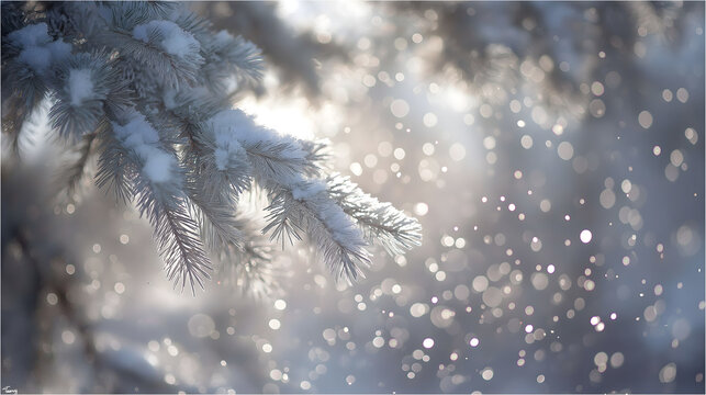 Stark unscharfer wei&szlig;er Winter-Hintergrund mit leuchtendem Glanz, Sonnenlicht, Schneeflocken und schneebedeckten Tannenzweigen &ndash; festliche Weihnachts- und Neujahrsstimmung mit viel Freiraum