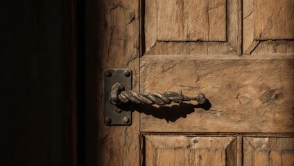 Close-up of an old wooden door with a metal handle.